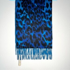 Nordstrom Cashmere Scarf Blue Leopard Animal Print Fringe 12x60 New